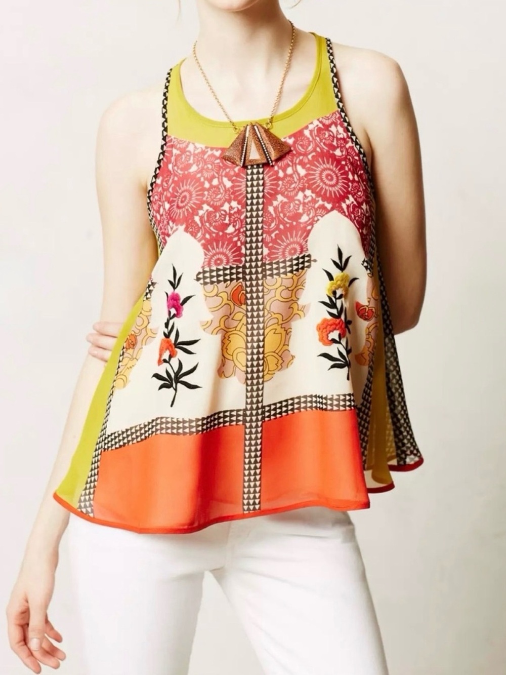 Anthropologie Vineet Bahl Floral Embroidered Patchwork Flowy Boho Tank Large